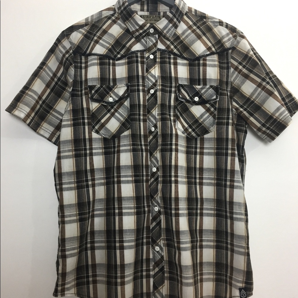 Mens Short Sleeve Plaid Brown button Shirt XXL